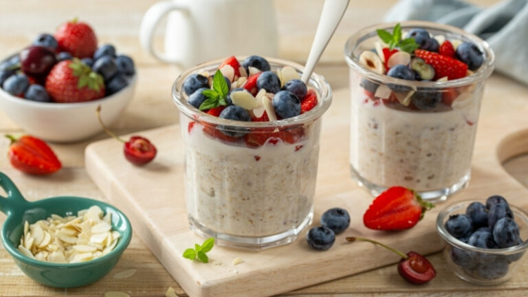 glas mit overnight oats und beeren on top